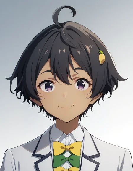 score_9, score_8_up, score_7_up, source_anime, BREAK
1girl, solo, looking at viewer, gradient background, light smile, portrait,
lemon yakishio, short hair, black hair, hair between eyes, ahoge, lemon hair ornament, dark purple eyes, dark skin,
winter school uniform, white blazer, white collared shirt, long sleeves, yellow bowtie, green bowtie,
<lora:lemon_yakishio_anime_v3-soralz:1>