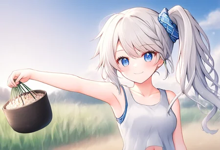 source_anime, BREAK 1girl,gentle look,farmer,hand planting rice plant,most beautiful girl on village, village daily routine,glimpse of armpit, motion lines,rice field, white hair, blue pupils, long hair, swept bangs,side ponytail,dirty clothes,tanktop,knee skirt, Russia bias white hair girl(girl from Russia must have silver hair),holding hoe,bright smile,navel depth of field, somewhere in Russia region,dimples of venus, ponytails, rating_questionable, full body shot girl, detailed legs