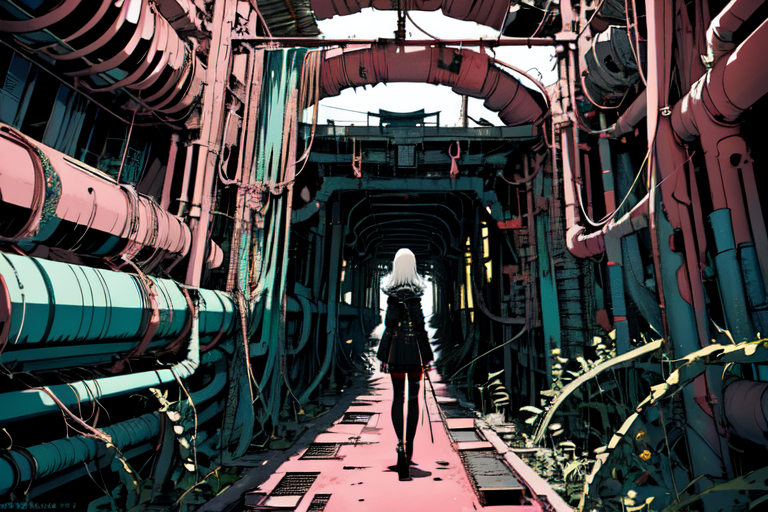 highly insanely detailed, masterpiece, top quality, best quality, highres, 4k, 8k, RAW photo, (very aesthetic, beautiful and aesthetic),  
tsutomu nihei,nihei_tsutomu,blame!,blame gakuen!,abara,TNstyle,sidonia_no_kishi,(tower,city ruins,tunnel,mausoleum,deep horizon,megastructure in background),toha heavy industries,walkway,air conditioner,cables,tubes,industrial pipes,dark background, 
<lora:ABARA:0.3>, 
(1girl:1.3), 
solo focus, 
mangrove forest biome,pure pink background,pure white background,pure yellow background,(Abstract colored fractal background),âââ