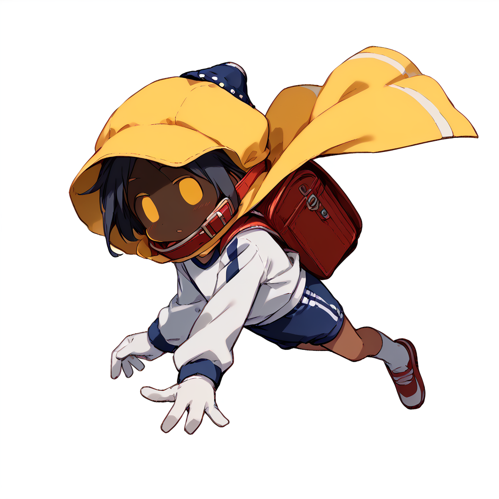 <lora:Magolor:1> solo, 1other, (no humans:1), cape, dark skin, (floating limbs:1), hood, yellow eyes,   <lora:0159 adult student dream_v1_pony:0.8> ruanyi0159,randoseru,gym uniform,backpack,yellow hat,school hat,