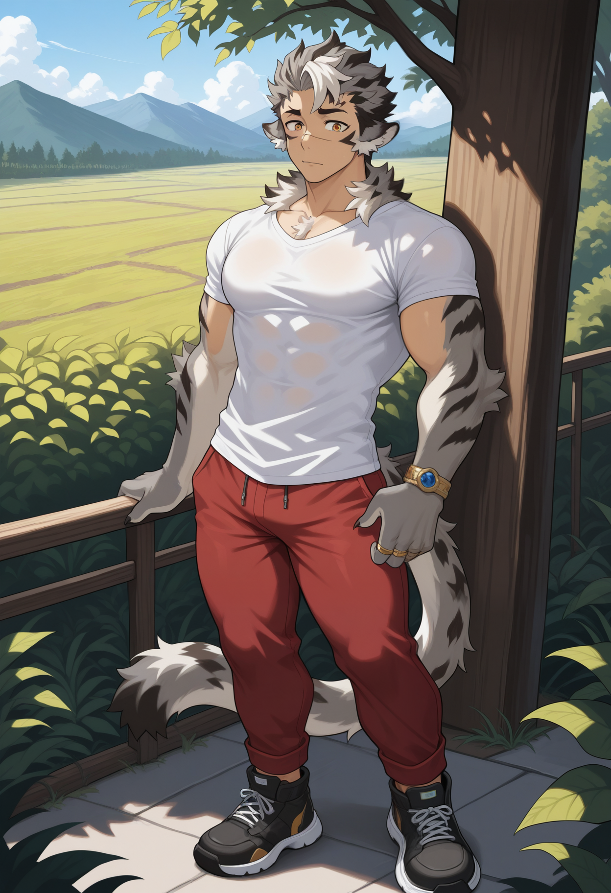 masterpiece,best quality,amazing quality, 1boy, solo, lut3, leopard boy, grey fur, tan skin, orange eyes, scar on nose, top, white shirt, red pants, rings, footwear, grey tail, full body, outdoor,