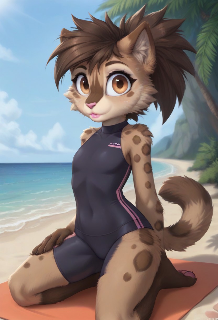 solo, dark brown, fluffy, fur, Large eyes, pink lipstick, civet cat, wearing a yoga uniform, posing on the beach