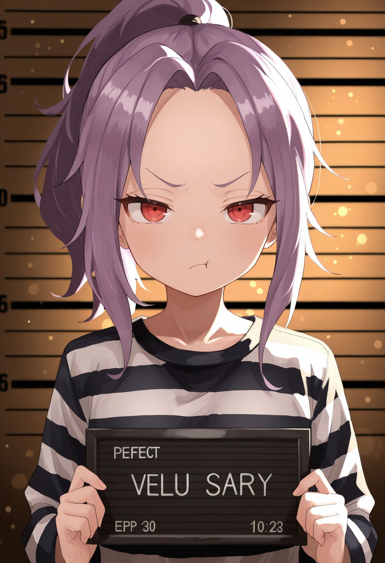 masterpiece,best quality,absurdres,highres,very aesthetic,high quality,detailed,insanely detailed,beautiful,perfect lighting, ,depth of field,blurry background,bokeh, looking at viewer, 
 <lora:Sazanka Illu:1> 1girl, purple hair, parted bangs, ponytail, red eyes, forehead, 
 prison clothing, tsk, annoyed face, volumetric lighting, dim background, mugshot