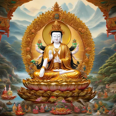<lora:Guanyin2-000001:1>,Compassionate face of Thousand-Armed Thousand-Eyed Guanyin,multiple serene expressions,forty additional faces each with an eye,innumerable compassionate hands holding various ritual implements such as precious vase,treasure sword,lotus,prayer beads symbolizing different meanings like disaster relief,subdual,and prayer,specific hand gestures signifying fearlessness and fulfilling wishes,ornate crown with a representation of transforming Buddha denoting bodhicitta and Buddha-nature,draped in divine garments with a waist-tied long skirt adorned with jewellery and pearls signifying dignity and divinity,elaborate radiant halo in the background circular or polygonal with symmetrical arms each wielding implements reflecting the brightness of Guanyin,surrounded by devoted followers and Dharma protectors like Heavenly Kings,deities,and Vajra displaying protective force,standing or sitting in full lotus position on a lotus pedestal symbolizing purity and detachment,all detailed with ((best quality,4k,8k,highres,masterpiece:1.2),ultra-detailed,(realistic,photorealistic,photo-realistic:1.37)) in a wondrous and sacred atmosphere that is tranquil yet powerful,enhanced with luxurious golds,tranquil blues and pure whites,studio lighting to highlight the transcendent aura of the deity,
