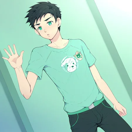 short hair, 1boy, black hair, male focus, mint color eyes, solo