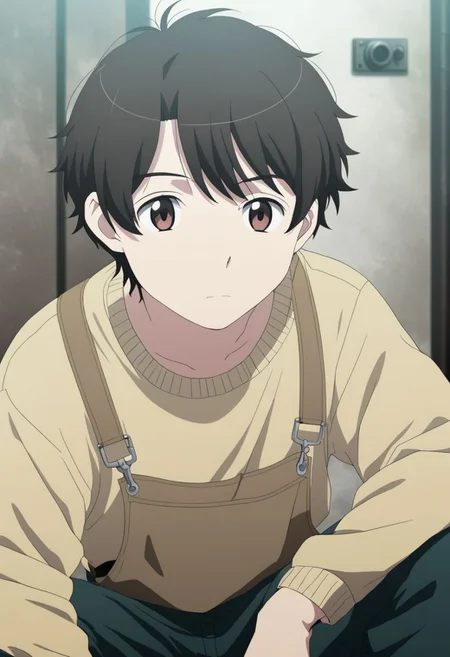 high resolution, solo, best quality, 1Boy, Inaho Kaizuka, Black Hair, Brown Eyes, lofi, candid, squat, depth of field, photo model, looking at viewer, OverallDetail