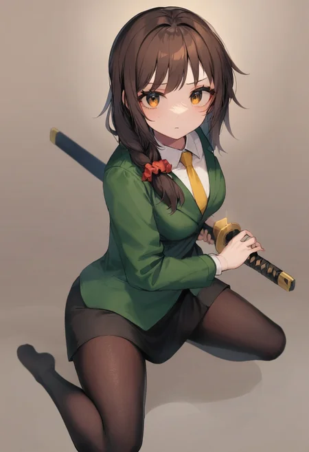 1girl, senkawa chihiro, cosChihhi, red scrunchie, brown hair, side braid, orange eyes, green jacket, black miniskirt, yellow necktie, red scrunchie, black pantyhose, office,
iaidow, holding a katana, ready to draw, sheathed, unsheathing, scabbard,
masterpiece, best quality, very aesthetic, absurdres,
<lora:lora_cosChihhi_xl_v1_amg:0.8> <lora:iaidou_XL_v1:1.1><lora:lora_YamiStyle_xl_v1_amg:0.8>