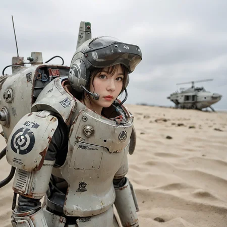 score_9,score_8_up,score_7_up, shiny oild skin, wet, sweat, looking at viewer, 
MKrieger, science fiction,  grey sand, regolith, craters, smoke on horizon,mecha, robot,action, kow_yokoyama, (SAFS), pilot_inside, fully_open_hatch, 1girl, exotic face, short hair,  helmet, upper body, 
 <lora:Maschinen_Krieger_Pony:0.75>