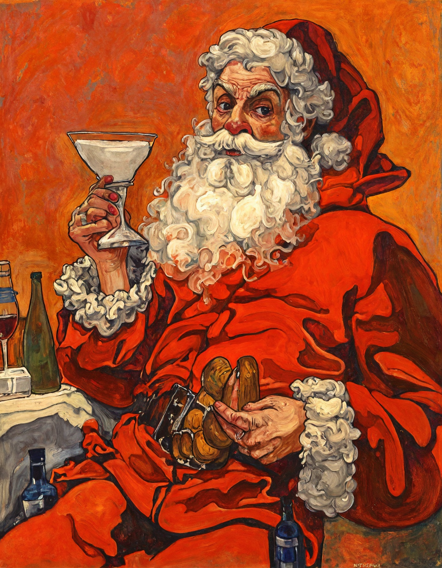(egonschiele style painting) traditional media, the santa drinking milk and eating cookies