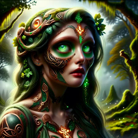 Photorealistic style creating paintings or photographs that closely resemble high-resolution photographs, a fat, rotund, morbidly obese, fertility Anthro goddess beautiful face, radiant green eyes, gaze of deep compassion, ornate wooden skin carvings, (zkeleton:1.5), (moss filigree vine dress:1.5), associated with the land, earth, druidic, Celtic, nature, spirts, photorealism, closely resemble, high-resolution photographs, lifelike, precise, realistic, meticulous, technical,hyper detailed, maximum fidelity, quality, cinematic, subsurface scattering, maximal attention to correctness and detail, spectrographic illumination, rainbow environmental refraction, breathtaking, hyper realistic, hyper detailed, maximum fidelity, ultra high detail, ultra HD, professional RAW photography, luminous refractions, subsurface scattering, dynamic hdr tone mapping, maximal attention to correctness and detail