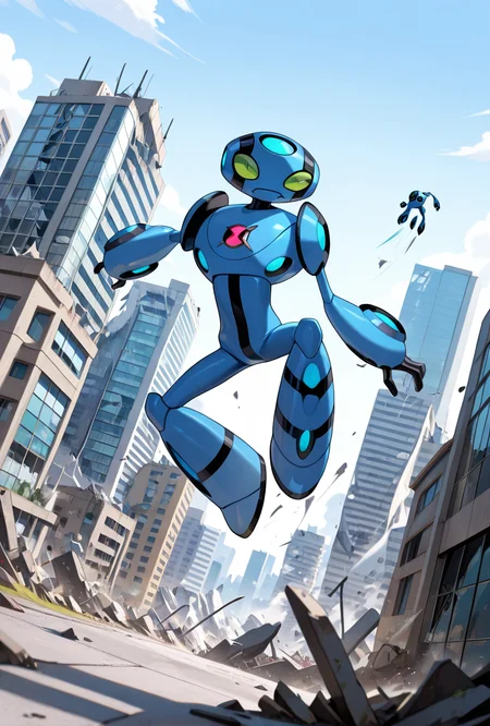 <lora:ulteco-10:1> ulteco, pokemon (creature),blue robot, green eyes, closed mouth, dynamic pose, shockwaves, floating, destroyed city,, masterpiece, best quality, amazing quality, very aesthetic, absurdres, newest,