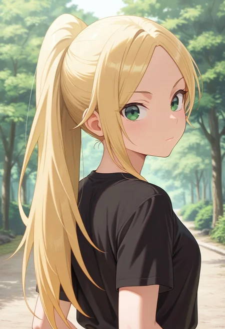 masterpiece,best quality,amazing quality, matsugazaki karen, blonde hair, green eyes, long hair, 1girl, solo, shirt, looking at viewer, ponytail, black shirt, outdoors, short sleeves, closed mouth, looking back, upper body, tree, parted bangs