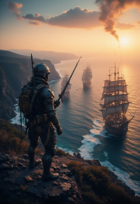Athmospheric photo of wired-cyborg soldier holding a futuristic sword. Looking down from cliff into a bay where steampunk ships are taking sail. Golden hour. Soothing athmosphere. bo-steampunk.