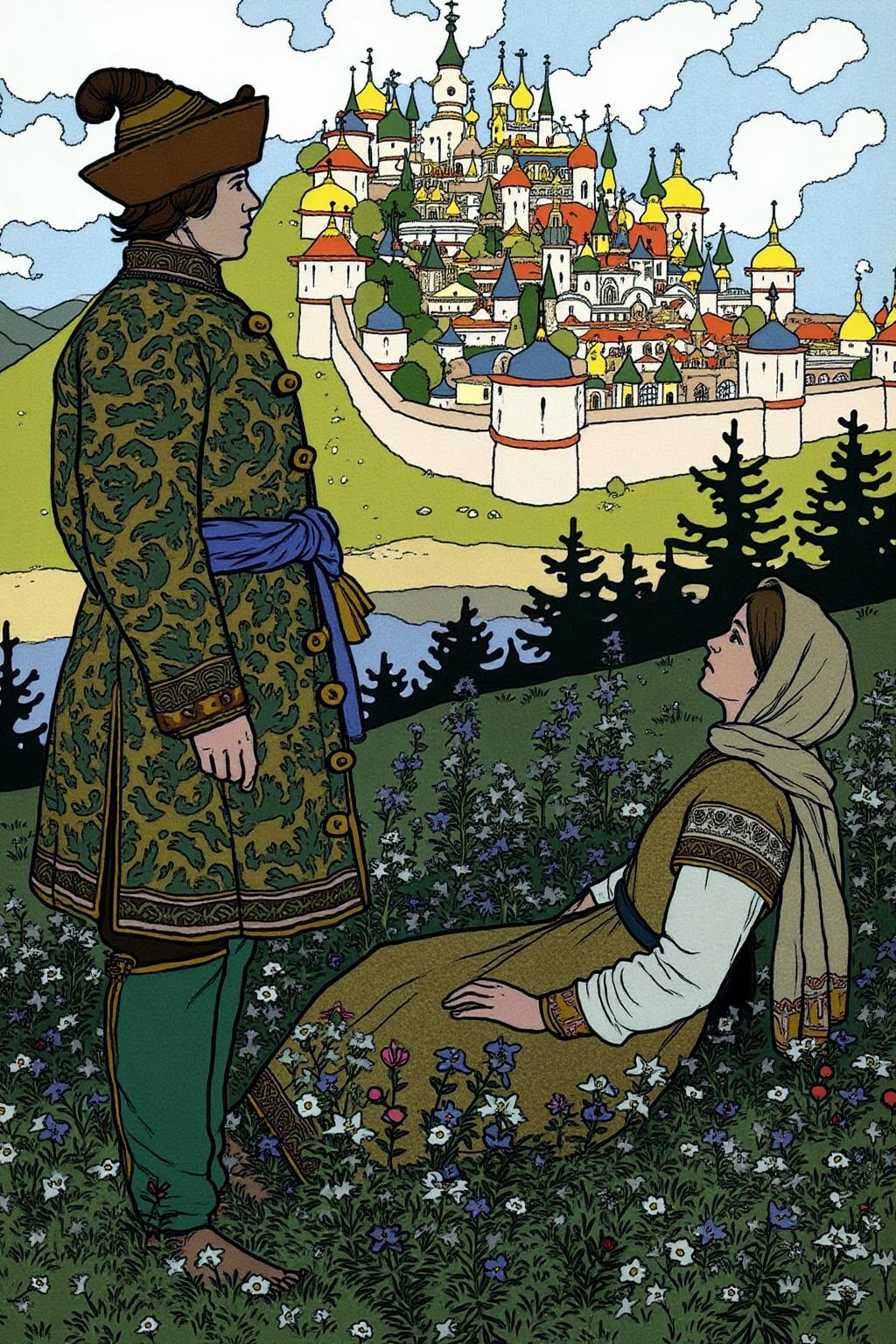 ivanbilibin1 illustration.
On the right is a richly dressed man shown in side profile view. On the left is a woman wearing a headscarf, lying in a field full of wildflowers. They are dressed in medieval attire, turning their heads to look at a distant city on a hill.  <lora:ivanbilibin2_cap_d6a3e11:1.0><lora:857308622181370470:0>