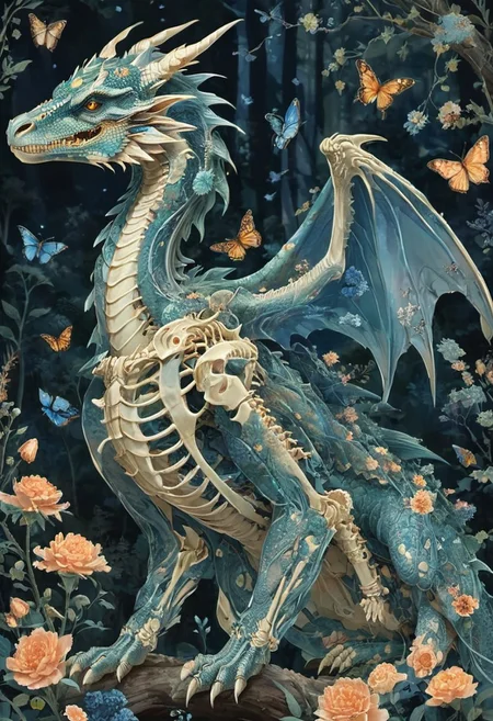 ral-granlum, A majestic dragon with intricate blue floral patterns adorning its skeletal structure. The creature stands amidst a serene forest backdrop, surrounded by various trees, flowers, and butterflies. The color palette is dominated by soft pastels, with the creature's skeleton being the most prominent feature, contrasting beautifully with the floral elements.