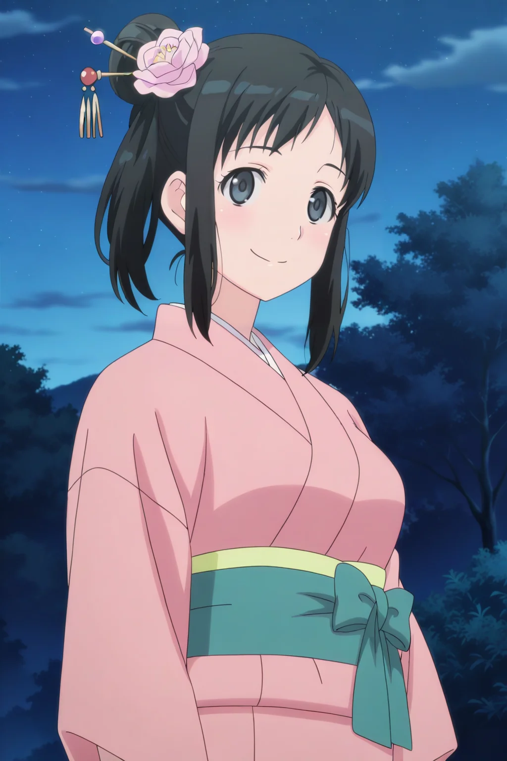 anime screenshot, touno kyouko, 1girl, solo, black hair, long hair, single hair bun, side ponytail, hair flower, hair stick, black eyes, medium breasts, pink kimono, green sash, looking at viewer, smile, cowboy shot, outdoors, night, masterpiece, best quality, high quality, highres, absurdres, <lora:touno_kyouko_ILXL:0.9>