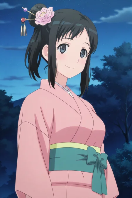 anime screenshot, touno kyouko, 1girl, solo, black hair, long hair, single hair bun, side ponytail, hair flower, hair stick, black eyes, medium breasts, pink kimono, green sash, looking at viewer, smile, cowboy shot, outdoors, night, masterpiece, best quality, high quality, highres, absurdres, <lora:touno_kyouko_ILXL:0.9>