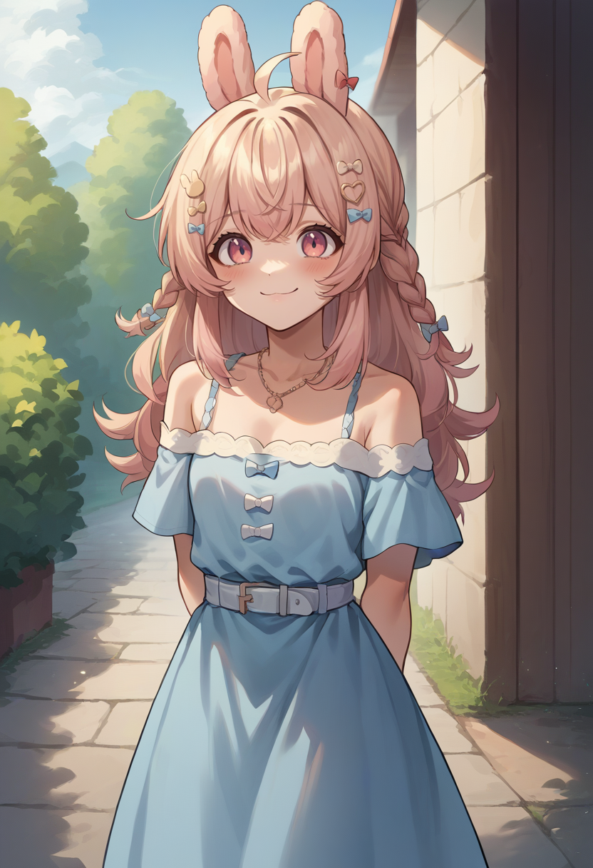 score_9, score_8_up, source_anime, PippaPipkin, long hair, braid, ahoge, hair ornament, hair bow, necklace, blue dress, off-shoulder, white belt, smile, arms behind back, blush, outdoors, <lora:ChamPippaPipkinPonyXL-000008:1>