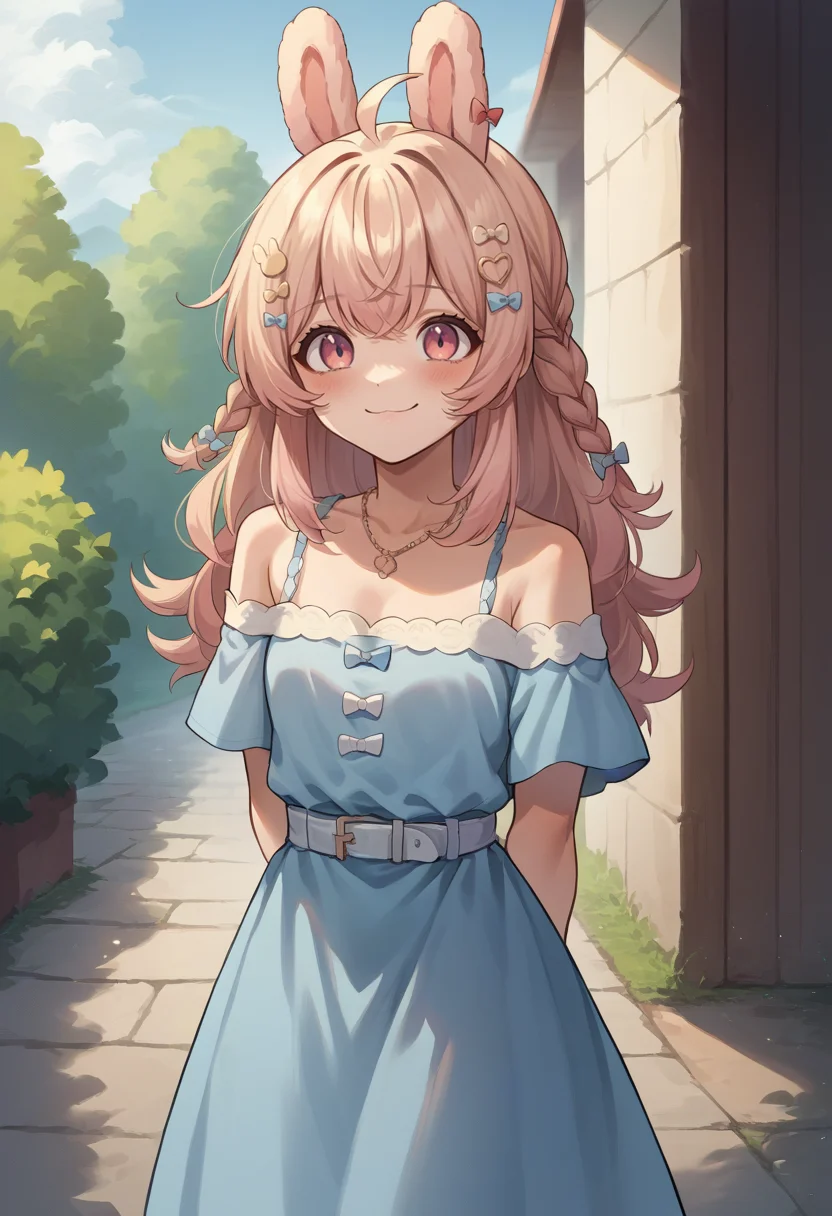 score_9, score_8_up, source_anime, PippaPipkin, long hair, braid, ahoge, hair ornament, hair bow, necklace, blue dress, off-shoulder, white belt, smile, arms behind back, blush, outdoors, <lora:ChamPippaPipkinPonyXL-000008:1>