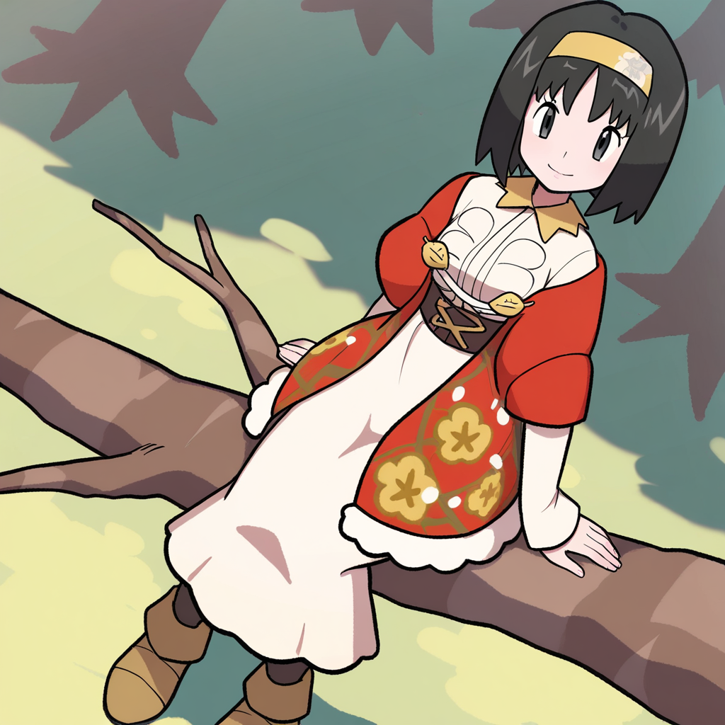 2d, masterpiece, best quality, amazing quality, highres, absurdres, newest, 1girl, solo, sitting, on branch, forest, nature, from above, dutch angle, looking at viewer, medium breasts, mature female, holerika, grey eyes, black hair, short hair, bangs, yellow hairband, white dress, collared dress, long dress, brown sash, long sleeves, red jacket, floral print, black pantyhose, ankle boots, brown footwear