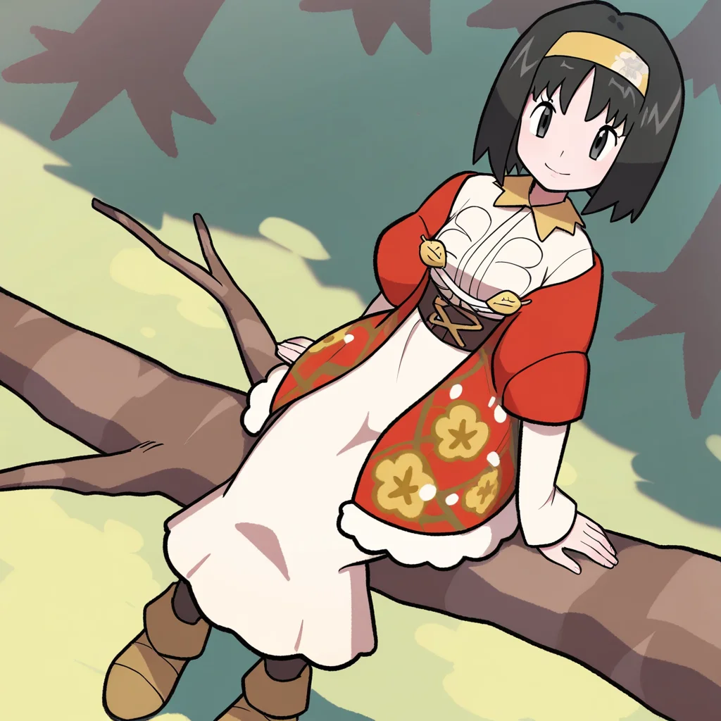 2d, masterpiece, best quality, amazing quality, highres, absurdres, newest, 1girl, solo, sitting, on branch, forest, nature, from above, dutch angle, looking at viewer, medium breasts, mature female, holerika, grey eyes, black hair, short hair, bangs, yellow hairband, white dress, collared dress, long dress, brown sash, long sleeves, red jacket, floral print, black pantyhose, ankle boots, brown footwear