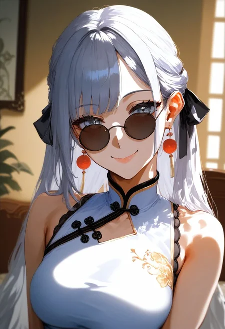 score_9, score_8_up, score_7_up, score_6_up, source_anime, <lora:GAI S2 v0.1:1>,
1girl, solo, jewelry, earrings, long hair, looking at viewer, virtual youtuber, smile, bare shoulders, chinese clothes, closed mouth, hair ribbon, ribbon, sunglasses, dress, china dress, grey hair, grey eyes, round eyewear, portrait, white hair, indoors, glass,