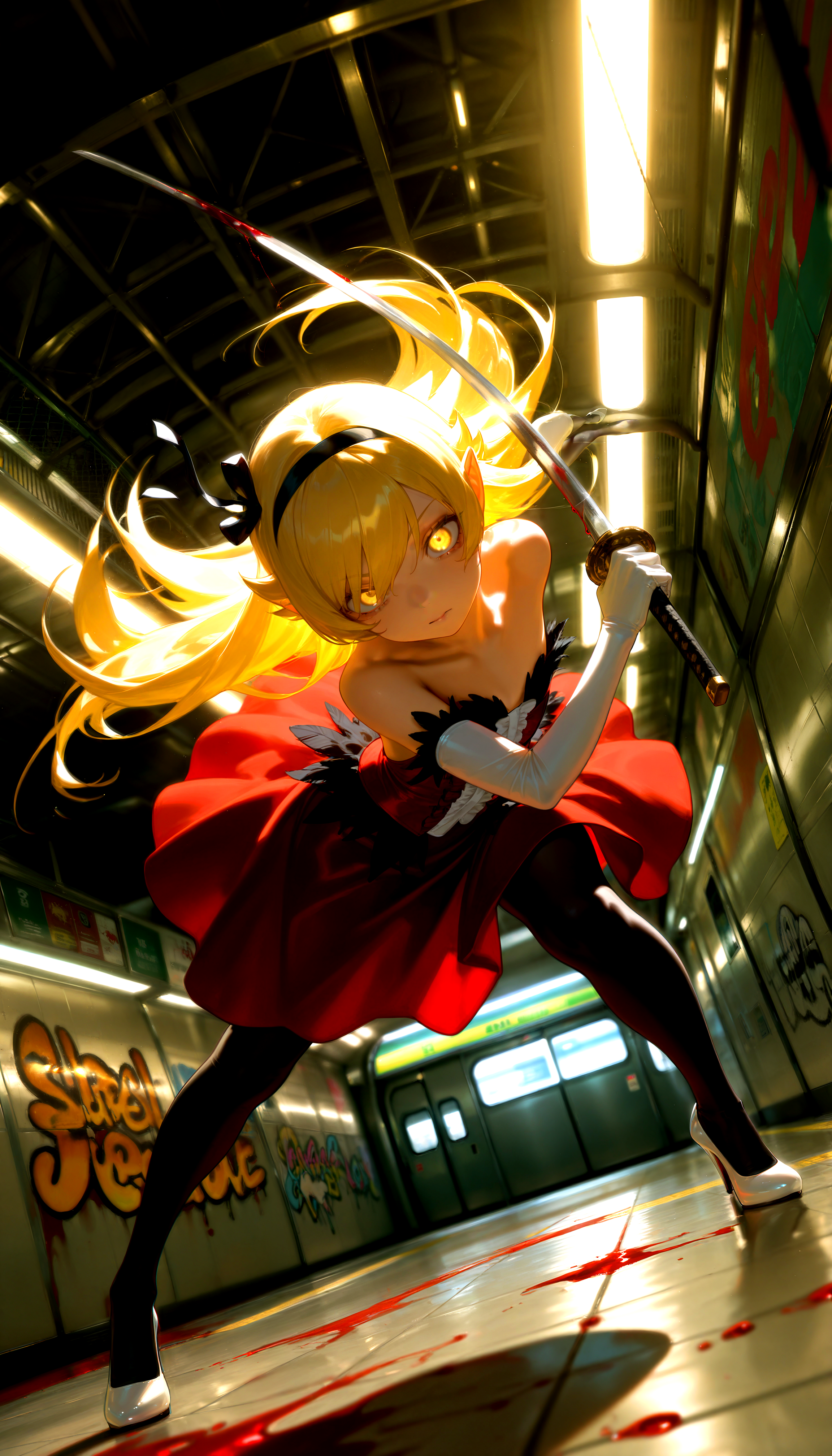 HDR, high contrast, masterpiece, best quality, amazing quality, very aesthetic, absurdres, newest, scenery, (volumetric lighting), photorealistic, photo background, detailed, 1girl, petite, oshino shinobu, kiss-shot acerola-orion heart-under-blade \(cosplay\), yellow eyes, glowing eye, blonde hair, flat chest, strapless dress, red dress, black pantyhose, black hair ribbon, black feather trim, white elbow gloves, white shoes, high heels, holding sword, ootachi, blood, dynamic pose, fisheye lens, subway station, graffiti, chiaroscuro, dutch angle, high-angle view,   masterpiece, best quality, amazing quality, very aesthetic, absurdres, newest, scenery, (volumetric lighting),