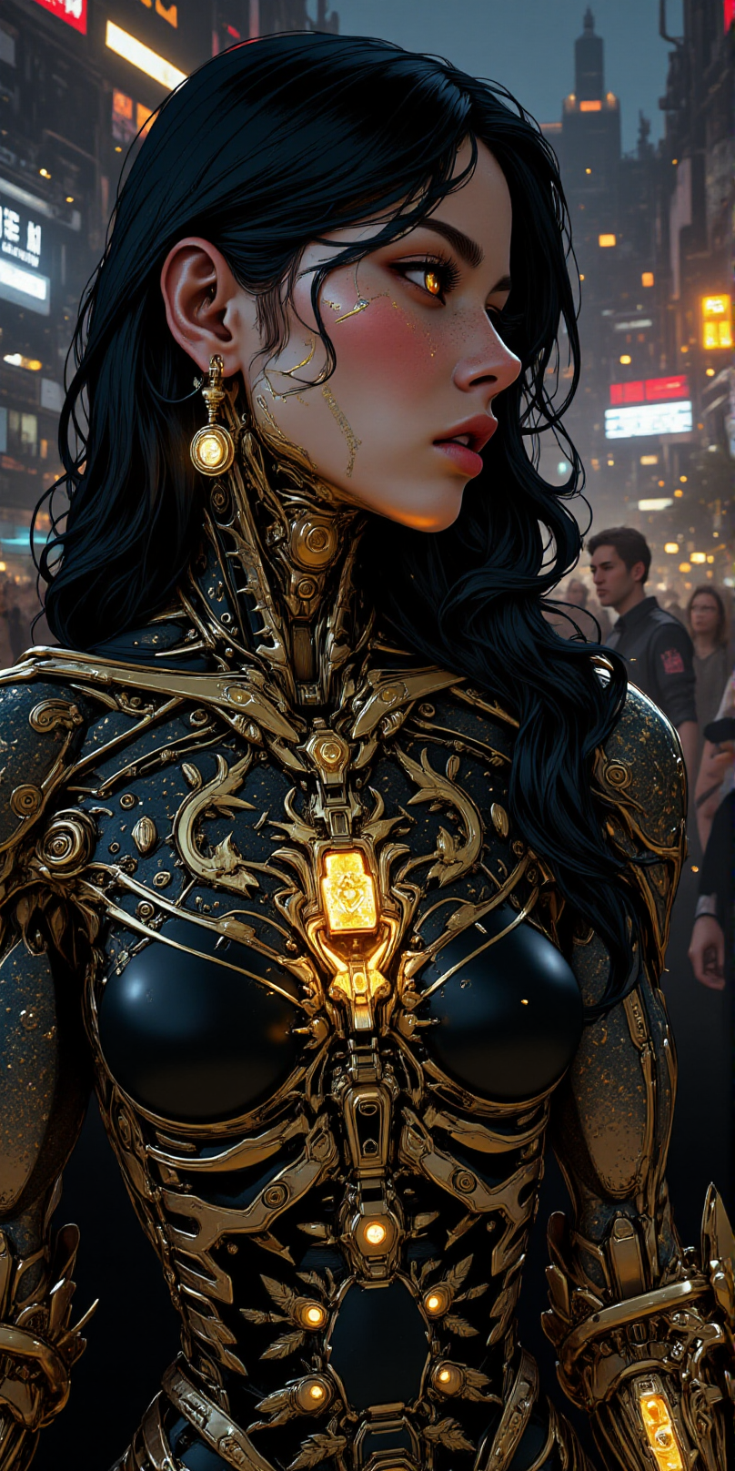 hyper-realistic digital artwork amazing masterpiece, surrealistic upper body close up amazing cyberpunk anime artwork, thin lines, sharp, cyborg girl woman, amazing actress on luxury premiere gala with black robotic body with skin covered by intricate geometric golden glowing patterns tatoos made  with bio ink, stading in the middle of luxury cinema event of cyberpunk corporation upclass citizens<lora:BLUE_mk4_angel_FLUX_03:1.3> <lora:CPA:0.8>  <lora:ck-nc-pastel-cyberpunk:0.6> <lora:Flux.1_Turbo_Detailer:0.6>  <lora:BioInk2FLUX:1>