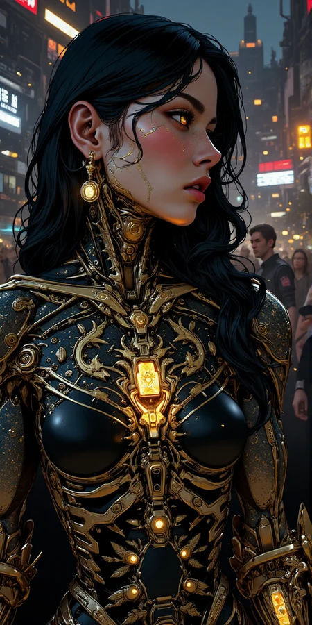 hyper-realistic digital artwork amazing masterpiece, surrealistic upper body close up amazing cyberpunk anime artwork, thin lines, sharp, cyborg girl woman, amazing actress on luxury premiere gala with black robotic body with skin covered by intricate geometric golden glowing patterns tatoos made with bio ink, stading in the middle of luxury cinema event of cyberpunk corporation upclass citizens<lora:BLUE_mk4_angel_FLUX_03:1.3> <lora:CPA:0.8> <lora:ck-nc-pastel-cyberpunk:0.6> <lora:Flux.1_Turbo_Detailer:0.6> <lora:BioInk2FLUX:1>