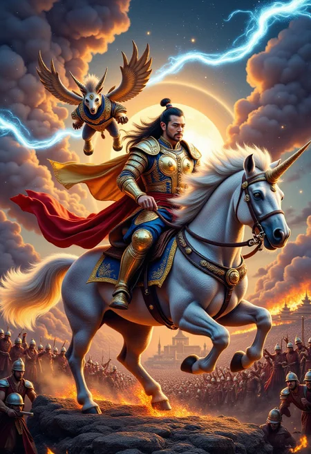 Wen Zhong: Riding on the ink unicorn, wearing golden armor, the male and female whips waved out the shadow of wind and thunder, and the sky eyes on the forehead were able to see the four directions. The background is a battlefield filled with smoke, soldiers fighting and the city burns in the fire of war.