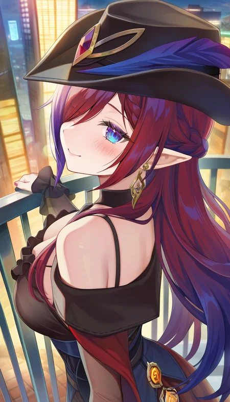 masterpiece,best quality,amazing quality,(torino_aqua:0.8),(houkisei:0.7),(kousaki_rui:0.7),(rurudo:0.9),1girl,mature_female,mature,blush,smile,medium breasts,
tj_chasca,pointy ears,long hair,multicolored hair,red hair,purple hair,blue eyes,hair over one eye,braid,jewelry,earrings,hat,
seductive girl,indoor balcony with city views at night,modest yet elegant satin camisole in deep burgundy paired with flowy culottes,hugging her curves while maintaining an air of sophistication,leaning casually against the railing,soft city lights twinkling in the background,ambient lighting creating a cozy atmosphere,side angle,warm bokeh effect enhancing the intimate feel,captivating elegance,epic charm,4k resolution,urban serenity,
Dynamic Angle,Sexy posture,very aesthetic,absurdres,Visual impact,A shot with tension,ultra-high resolution,32K UHD,sharp focus,Emotionalization,unconventional supreme masterpiece,masterful details,temperate atmosphere,with a high-end texture,(Visual impact:1.2),dynamic and visually striking appearance,offcial art,colorful,splash of color,movie perspective,absurdres,newest,
