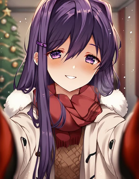 score_9, score_8_up, score_7_up, source_anime, <lora:ddlc-yuri-ingame-ponyxl-lora-nochekaiser:1>, yuri, yuri (doki doki literature club), hair ornament, hairclip, long hair, purple eyes, purple hair, hair intakes, hair between eyes, sidelocks, medium breasts,, <lora:pov-cheek-warming-ponyxl-lora-nochekaiser:1>, pov cheek warming, pov cheek warming (meme), winter gloves, duffel coat, fur-trimmed scarf, winter clothes, red mittens, meme, winter coat, red scarf, fur-trimmed coat, reaching towards viewer, reaching, mittens, fur-trimmed hood, white coat, open coat, scarf, coat, red gloves, snowing, pov, fur trim, depth of field, smile, blush,, christmas, christmas tree, christmas lights,, , dutch angle, cowboy shot