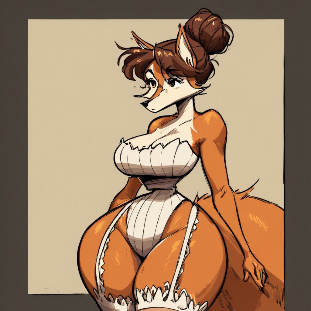 score_9, score_8_up, solo,bare shoulder, bare arms, breasts, leotard, thigh highs,  furry, fluffy, garter straps, cowboy shot , bright colors, (miss fox)(female anthro fox)(tall:1)(hair bun,short brown hair,light orange skin) (whiter face)(fluffy fur)  (thin arms,small waist,big wide hips,big thighs,long legs)