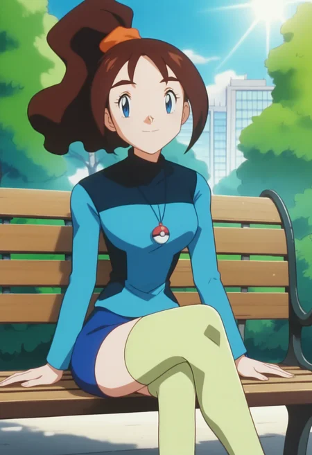 score_9, score_8_up, score_7_up, score_6_up, anime screencap, anime coloring, <lora:PMBailey_epoch_10:0.9>, PMBailey, 1girl, solo, high ponytail, brown hair, blue eyes,
pokeball necklace, blue shirt, long sleeves, blue shorts, yellow-green thighhighs,
looking at viewer, sitting, crossed legs, bench, smile, 
BREAK outdoors, day, sunlight, sunbeam, blue sky, park, building,