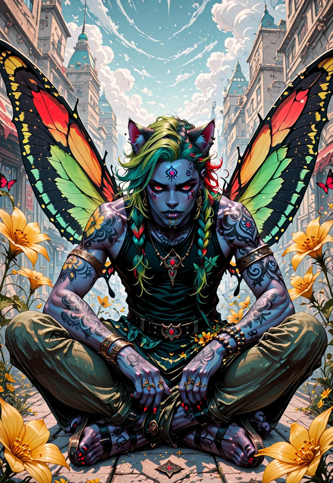 masterpiece, best quality, absurdres, animated nightmare style, 1boy, animal ears, arm tattoo, armlet, bare shoulders, belt, bracelet, braid, building, butterfly wings, cat ears, city, cloud, colored skin, earrings, facial mark, fingernails, flower, full body, green hair, indian style, jewelry, lip piercing, long hair, looking at viewer, male focus, multicolored hair, nail polish, necklace, outdoors, pants, pendant, piercing, red eyes, ring, sandals, sitting, sky, sleeveless, solo, tattoo, toenail polish, toenails, toes, two-tone hair, wings, yellow flower