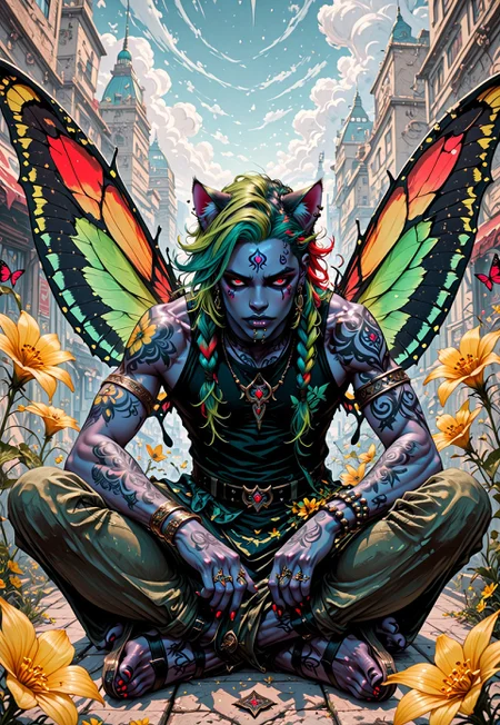 masterpiece, best quality, absurdres, animated nightmare style, 1boy, animal ears, arm tattoo, armlet, bare shoulders, belt, bracelet, braid, building, butterfly wings, cat ears, city, cloud, colored skin, earrings, facial mark, fingernails, flower, full body, green hair, indian style, jewelry, lip piercing, long hair, looking at viewer, male focus, multicolored hair, nail polish, necklace, outdoors, pants, pendant, piercing, red eyes, ring, sandals, sitting, sky, sleeveless, solo, tattoo, toenail polish, toenails, toes, two-tone hair, wings, yellow flower