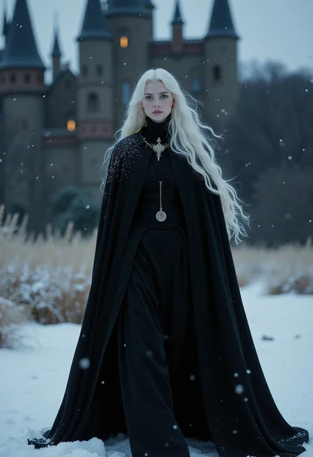 magical night, Stunning beautiful, masterpiece, best quality, extremely detailed photo, super realistic photo, dramatic photo, spiritual, magical mysterious atmosphere, Halloween, creepy vampire, beautiful vampire girl, girl 25 years old, front view, white long hair, slightly curly hair, hair fluttering in the wind, long black coat, vintage style, pale skin, vampire, black straight cut coat, snow on the shoulders, winter, snow falling, field in snow, vampire walking through snowdrifts, vampire knee-deep in snow, medieval castle in the background, haunted castle, a luxurious suit made of expensive fabrics, thick fabrics in clothes, winter, twilight, pale skin, night, snow, wind, cold, creepy atmosphere, photo for fashion magazine, photo in vanity fair style, masterpiece, detailed, best quality, highly detailed portrait, high quality, 34K uhd, masterpiece, high detail, 8k