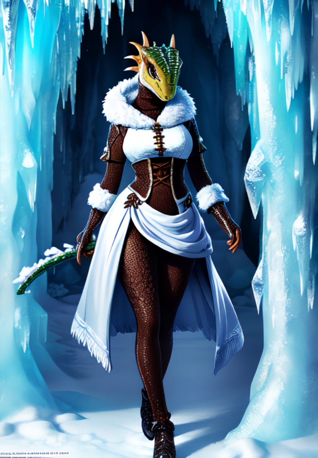 1girl, sfw, <lora:argonian_female:0.8>, argonian_female, 1girl, solo, winter dress, warm clothes, fur trim,, glistening ice cave with icicles, (masterpiece, best quality, absurdres, detailed, ultra-detailed:1.3), glamorous, (trending on CGSociety, trending on pixiv, contest winner:1.3)