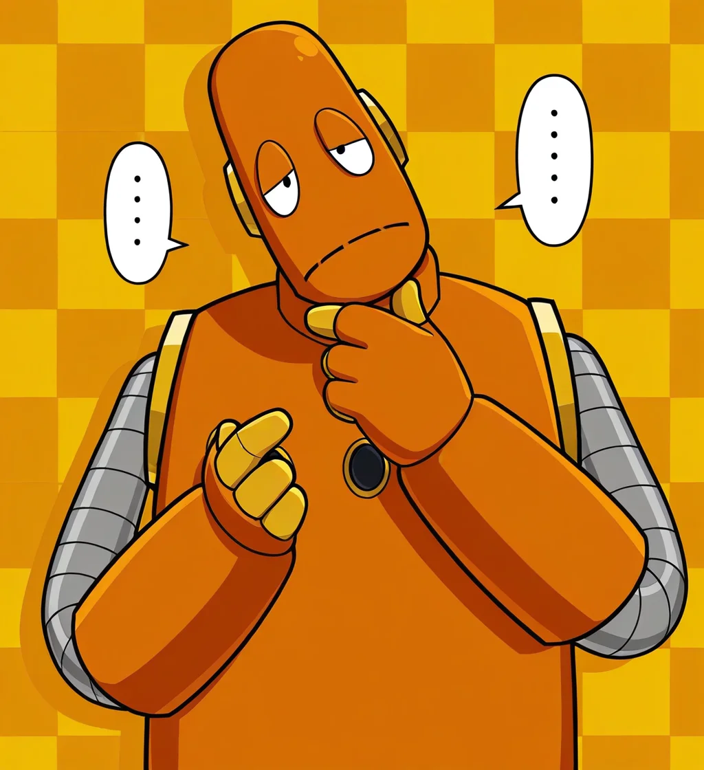 high resolution, best quality, 4k, solo, male, three-quarter view, hand on chin, speech bubble, ellipsis, head tilt, drop shadow, checkered background, <lora:Moby_the_robot_-_BrainPOP:1> m0by, robot, orange body, noseless, black eyes, grey arms, orange gauntlets, 4 fingers, yellow hands, frown
