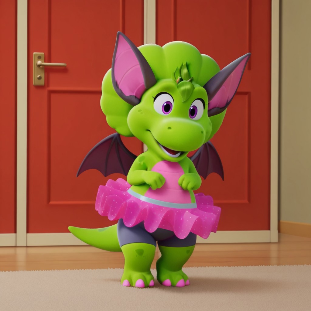 ((masterpiece, best quality, amazing quality,))  bopbwil, semi-anthro, female, dinosaur, green skin, green hair tuft, purple eyes, solo, inside, full body, bat ears, bat wings, light blue bike shorts, pink tutu