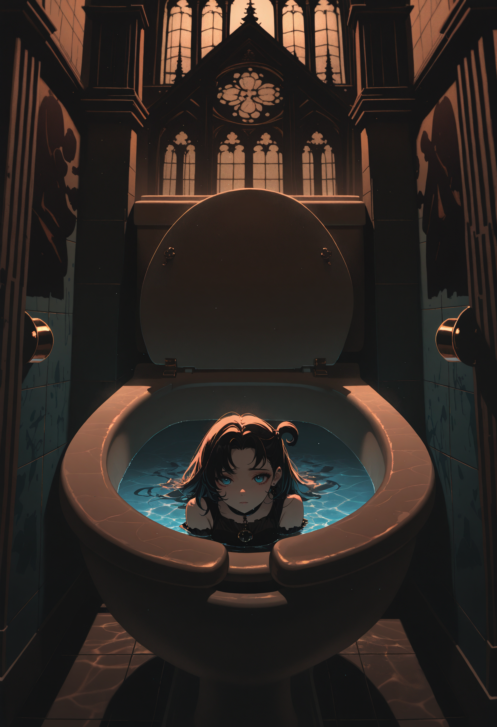 (incredibly_absurdres, amazing_background, best quality, flat_colors, anime_coloring, dynamic_angle, motion_blur, dutch_angle, surreal, line_art, traditional_media)
(4utumnd4rk4cademia, close-up, backlighting, light_particles, toilet, caustics, swirling, gothic_architecture, urinal, (partially_submerged, black toilet), bathroom, cramped, liminal)