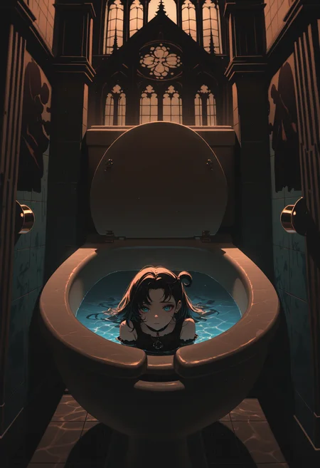 (incredibly_absurdres, amazing_background, best quality, flat_colors, anime_coloring, dynamic_angle, motion_blur, dutch_angle, surreal, line_art, traditional_media)
(4utumnd4rk4cademia, close-up, backlighting, light_particles, toilet, caustics, swirling, gothic_architecture, urinal, (partially_submerged, black toilet), bathroom, cramped, liminal)