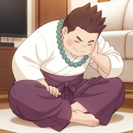 masterpiece, best quality, amazing quality, official style, ak1n0r1, male, solo, human, young, brown hair, short hair, spiked hair, brown eyes, blush stickers, chubby, white kosode, green beaded necklace, purple hakama, zori sandals, sitting down on floor, legs crossed, closed eyes, relaxed face, indoors, living room