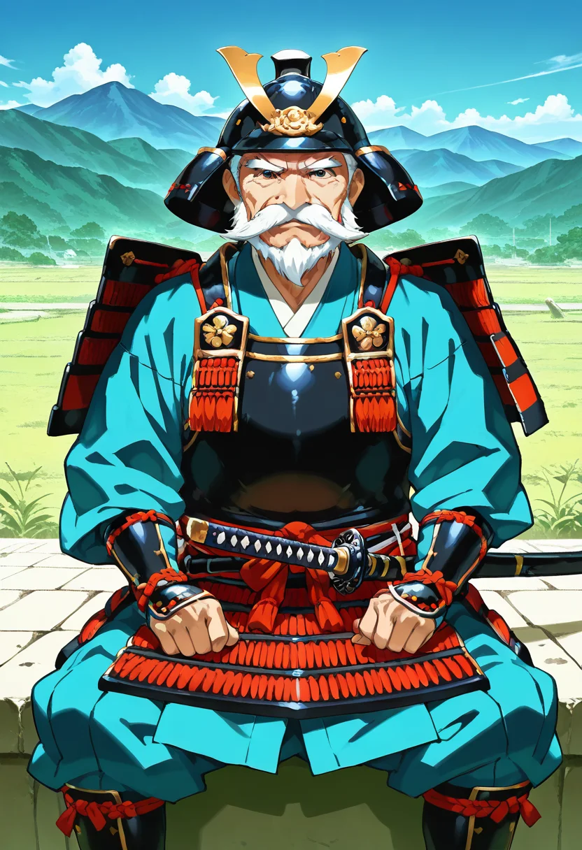 masterpiece, best quality, absurdres, detailed skin, detailed eyes, anime colored, anime screencap,
1 man, old man, bald, asian mustache, beard, looking at viewer, sitting,
<lora:oyoroi-000008:1> , oyoroi, samurai, armor, shoulder armor, katana, (helmet),
mountainous horizon,