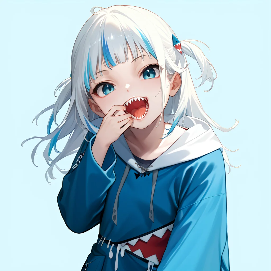 score_9_up, score_8_up, score_7_up, score_6_up, 1girl, source anime, solo, gawr gura, blue hoodie, blue eyes, sharp teeth, open mouth, (pulling at own mouth:1.1), uvula, looking at viewer, happy, <lora:guraXL:1> <lora:AS109_Style:1> <lora:Expressive_H:1> <lora:hand 4:1.1>