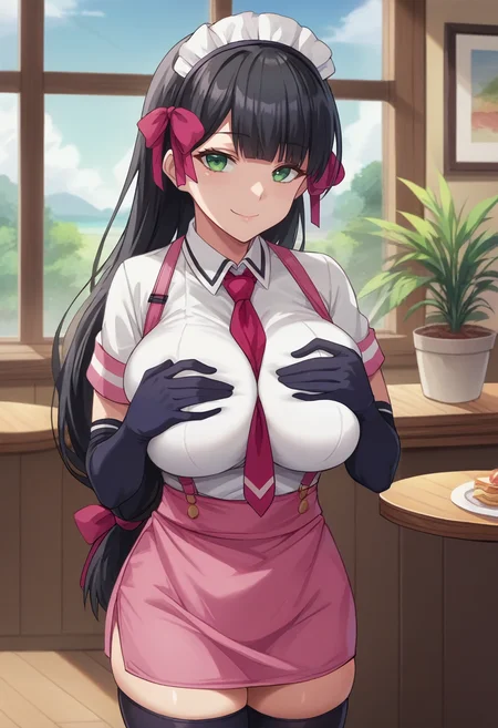solo, <lora:maidAkiha-10:1> AkihaMaid, blackhair, long hair, low-tied long hair, blunt bangs, green eyes, large breasts, voluptuous, pink ribbon, hair ribbon, maid headdress, white shirt, pink suspenders, elbow gloves, black gloves, miniskirt, pink skirt, pink necktie, pink apron, between breasts, black thighhighs, skindentation, (looking at viewer, smile, smug),(breasts squeezed together, grabbing own breast), (scenery, plant, food, window, potted plant, indoors, cafe, restaurant), 16k, masterpiece, absurdes, highly detailed, highres, high quality, best quality, score_9, score_8_up, score_7_up, score_6_up, source_anime, anime screencap, anime colouring, cel shading, shiny, shiny skin, shiny hair, looking at viewer, portrait, upper body
