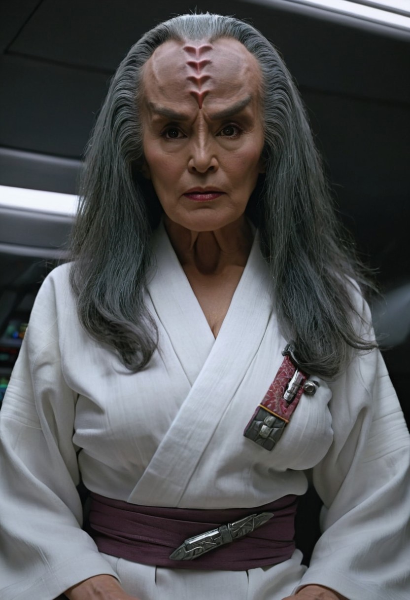 old Klingon female, flashing her breasts and nipples, grey hair, 8k, high resolution, cinematic scene, on a spaceship, white cotton kimono style uniform, kimono open clothes in the front exposing her breasts, very detailed face, detailed eyes, matching eyeballs++, detailed irises, dark lighting, dark hair, (mouth closed).