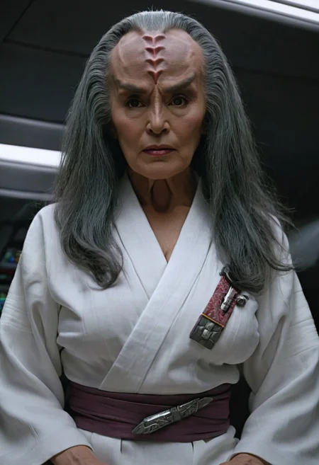 old Klingon female, flashing her breasts and nipples, grey hair, 8k, high resolution, cinematic scene, on a spaceship, white cotton kimono style uniform, kimono open clothes in the front exposing her breasts, very detailed face, detailed eyes, matching eyeballs++, detailed irises, dark lighting, dark hair, (mouth closed).