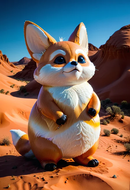 shnywrld, inflatable, nature, colorful, a (shnywrld fat fennec fox), cartoonish, in the desert.  <lora:shinyworld:.8>  <lora:zavy-cntrst-sdxl:.8> dark, chiaroscuro, low-key <lora:xl_more_art-full_v1:.8> <lora:[XL]fat:.8>