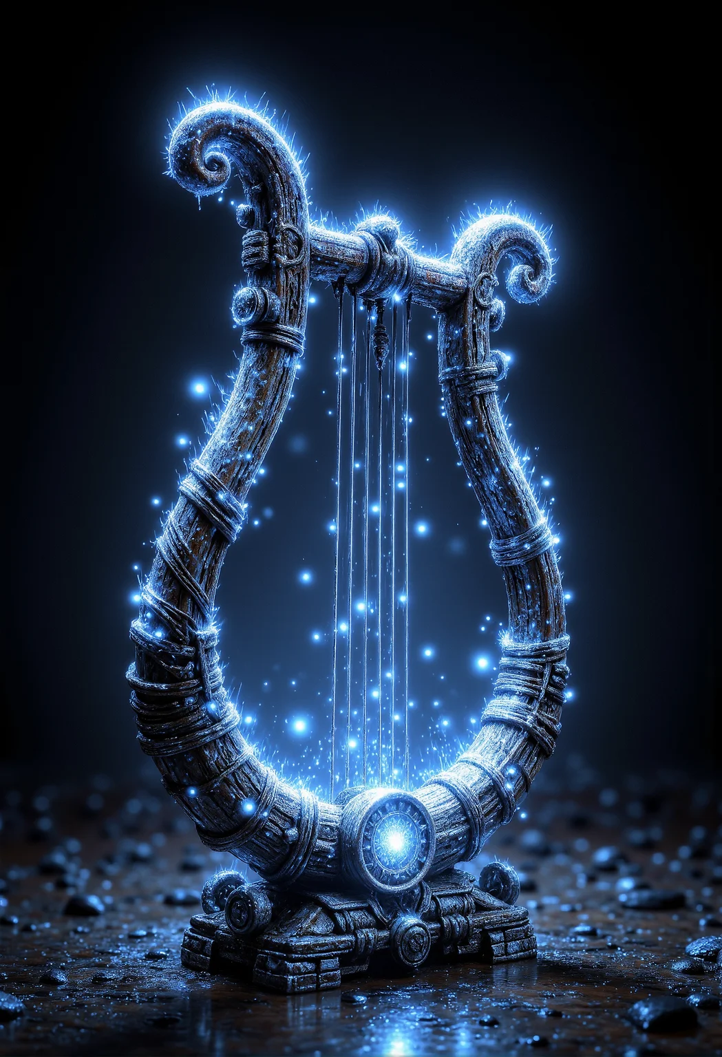 A musical lyre made of woven moonlight strands, its strings glowing faintly with an ethereal aura. <lora:aidmaDall-E3-FLUX-v0.1.safetensors:1.0>, <lora:black_fantasy.safetensors:0.5>, <lora:aidmaGLOW-FLUX-V0.1.safetensors:0.5>,